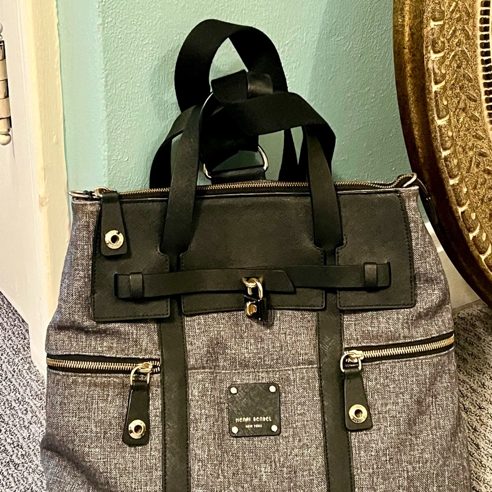 Henri Bensel large convertible backpack, purple lining, gray canvas fabric/black